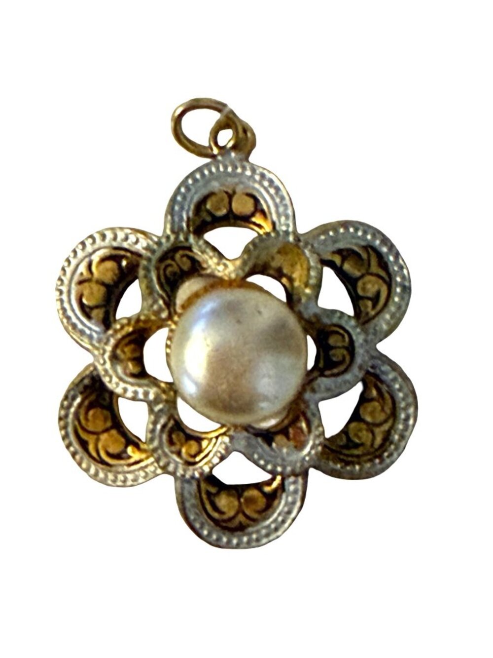 Vintage Faux Pearl Flower Pendant Gold Tone Filigree Floral Charm 1 Inch